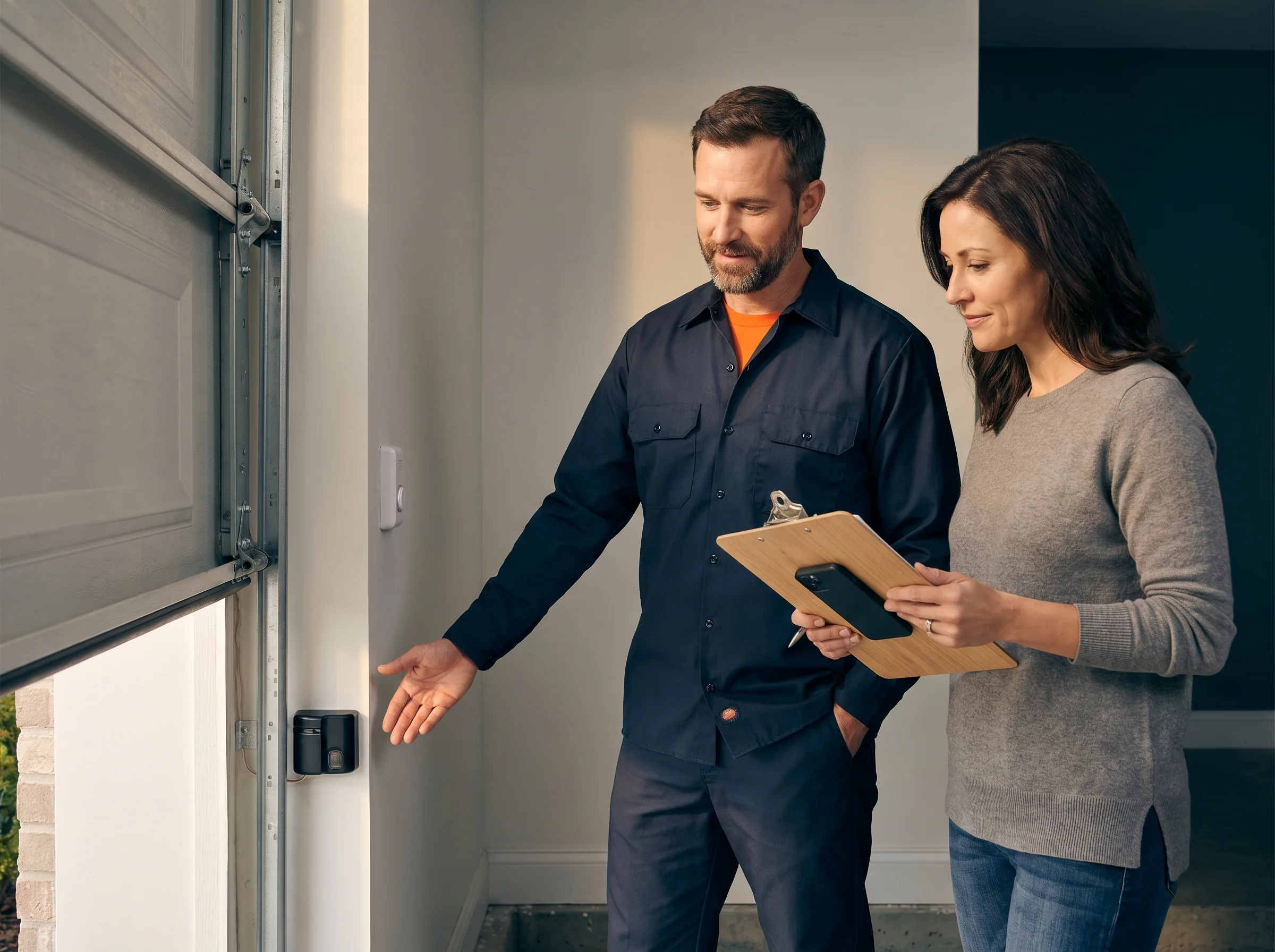 Garage door technician showing a homeowner safe sensor and wall button checks