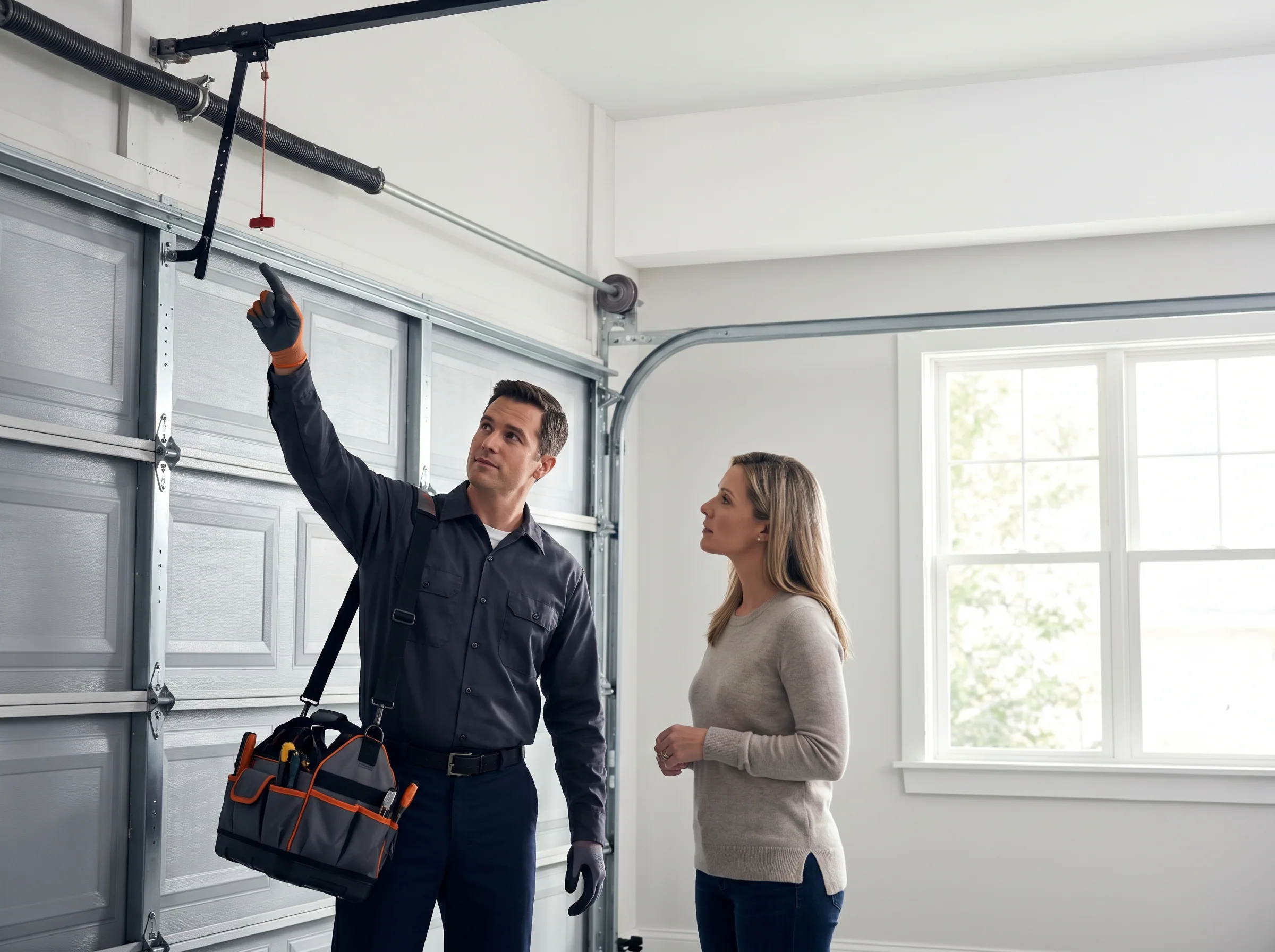 Garage door technician explaining spring and cable repair options to a homeowner